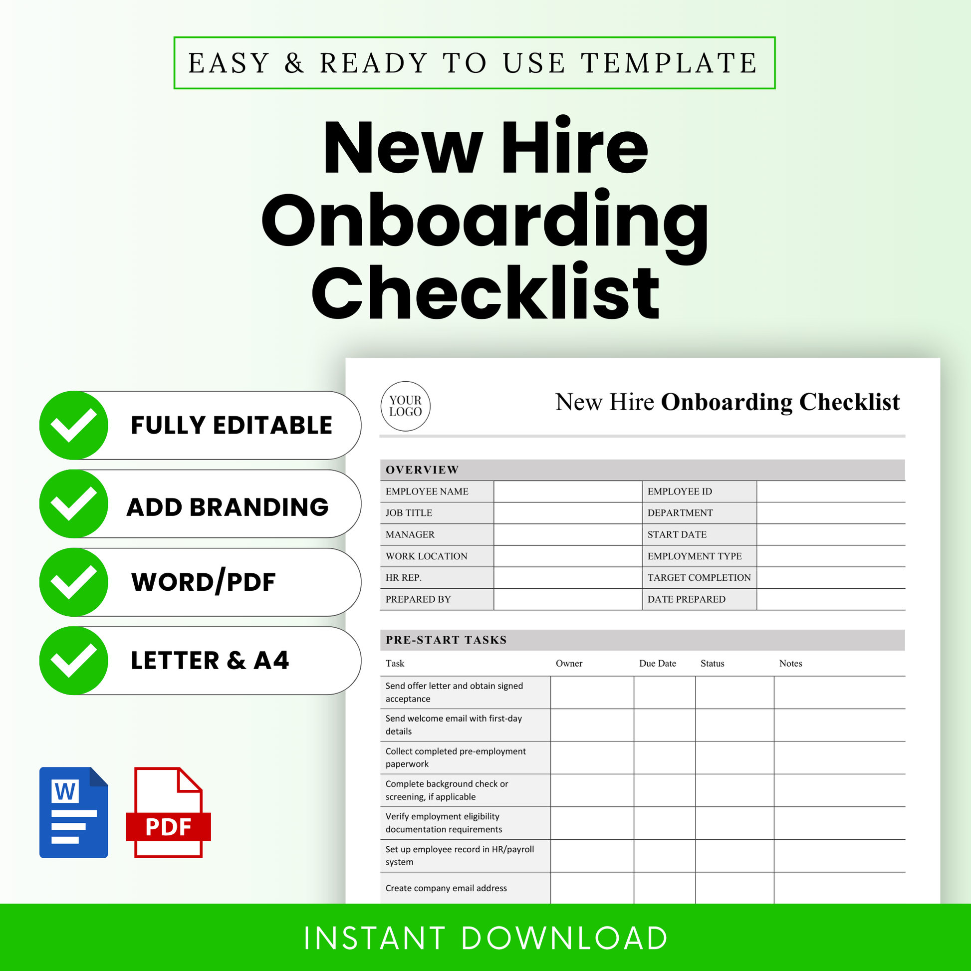 Simple new hire onboarding checklist template with editable fields, HR onboarding form, employee details section, pre-start tasks checklist, Word and PDF download, US Letter and A4 sizes