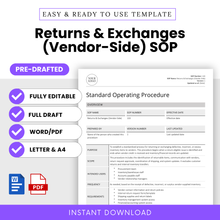 Editable Returns & Exchanges (Vendor-Side) SOP Template – Full pre-drafted Standard Operating Procedure for inventory and purchasing teams. Includes Word and PDF formats in US Letter and A4 sizes. Instant download for small businesses, warehouse managers, and operations teams.