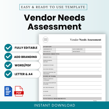 Vendor Needs Assessment Template Word and Vendor Needs Assessment Template PDF shown with a clean, minimalist layout and editable fields. This simple Vendor Needs Assessment Template is ideal for businesses, project managers, and teams needing a professional, printable business template for vendor evaluation and procurement planning.
