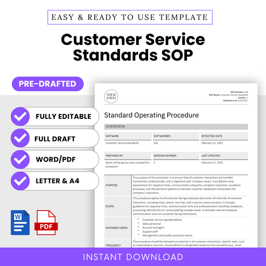 Customer Service Standards SOP Template (Word & PDF) – Simple Standard Operating Procedure Template