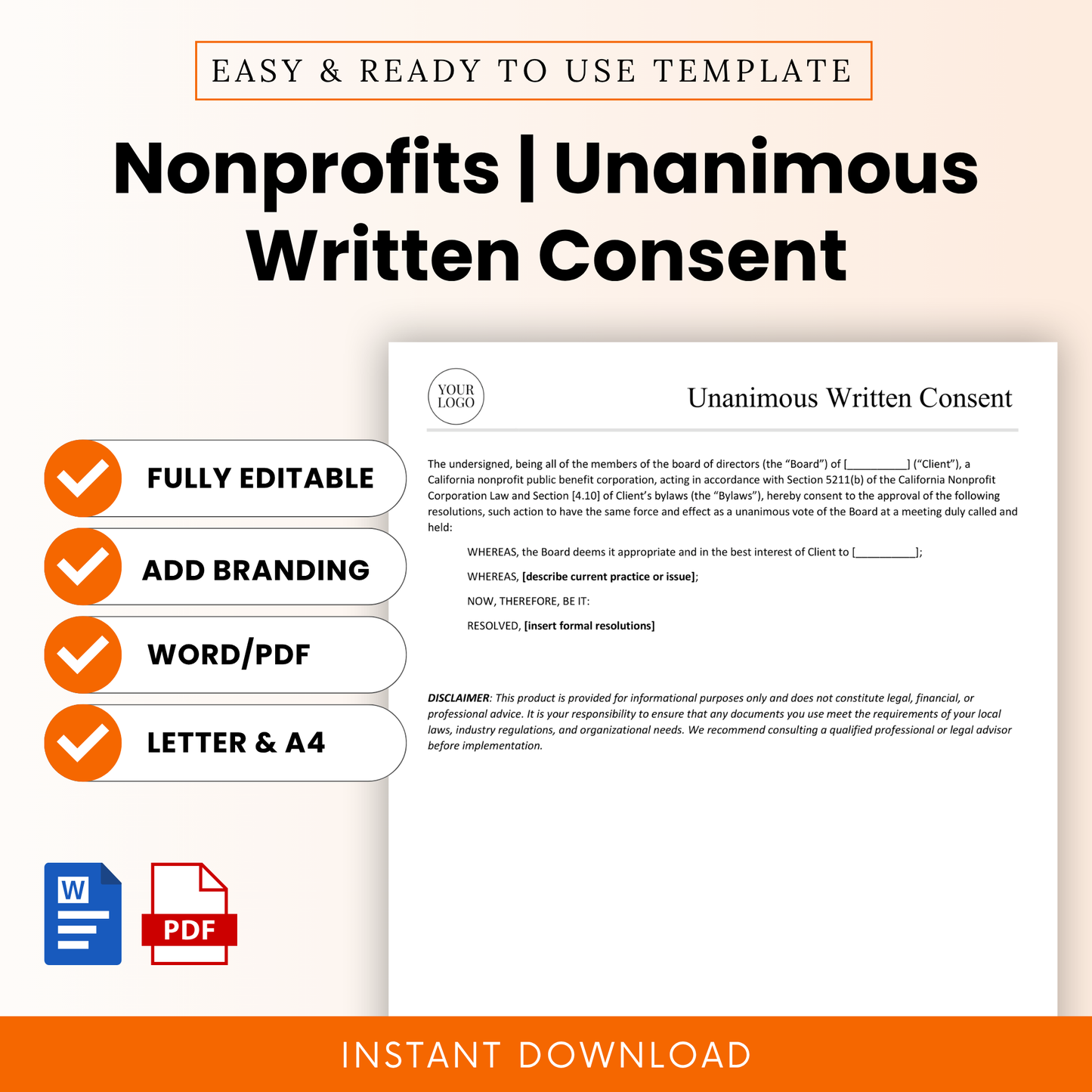 Editable nonprofit unanimous written consent template with clean minimalist layout, Word and PDF formats, includes branding option, letter and A4 sizes, instant download document for board approvals