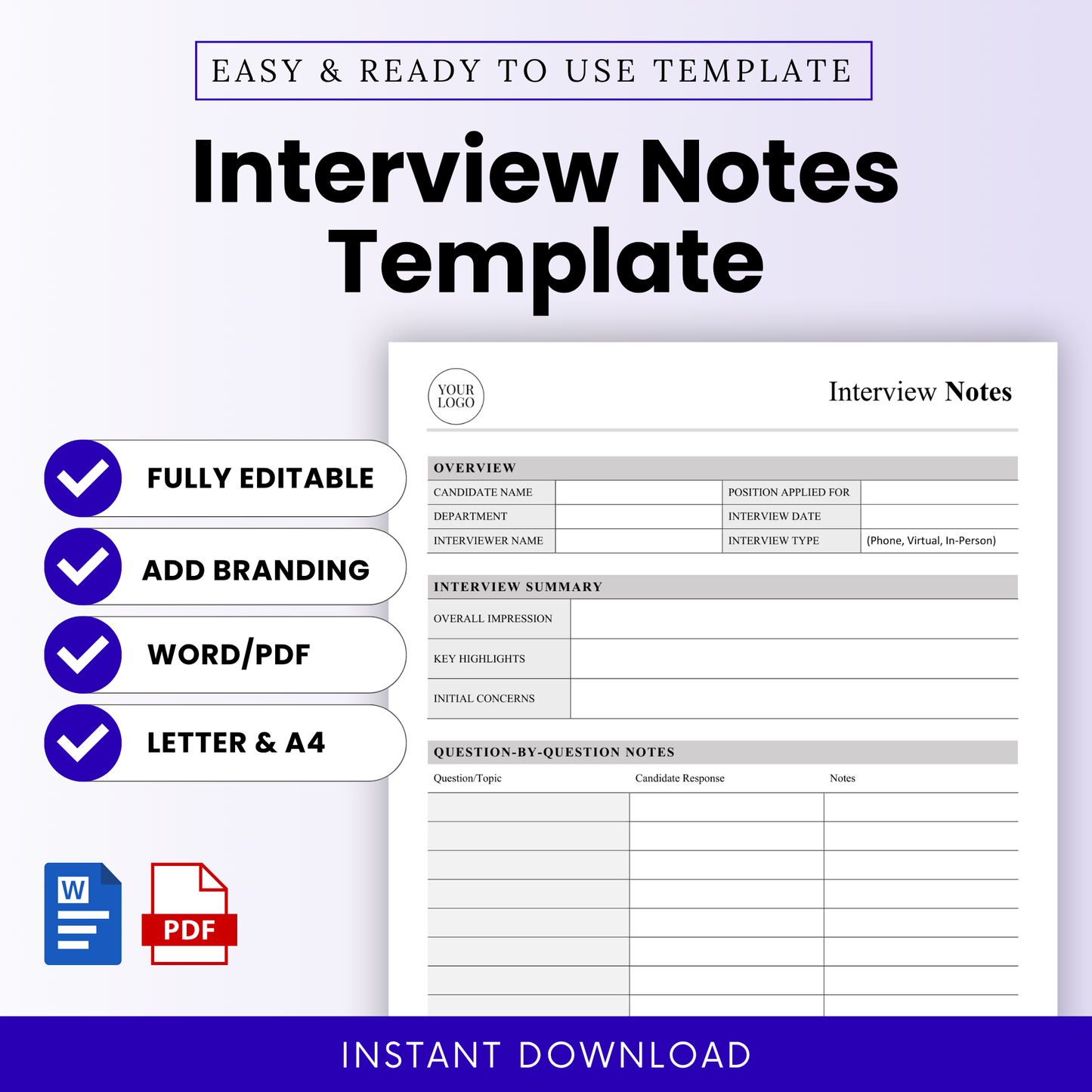 Interview notes template for hiring managers with clean layout, editable candidate evaluation form, HR interview worksheet printable, Word and PDF formats, professional recruiter document