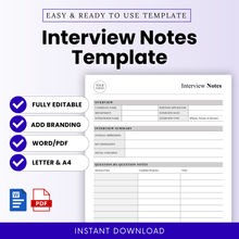 Interview notes template for hiring managers with clean layout, editable candidate evaluation form, HR interview worksheet printable, Word and PDF formats, professional recruiter document