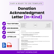 Simple Donation Acknowledgment Letter Template Word and Donation Acknowledgment Letter Template PDF displayed with a clean, modern layout. This editable business template is ideal for nonprofits and organizations to quickly create professional in-kind donation letters for donors and tax documentation.