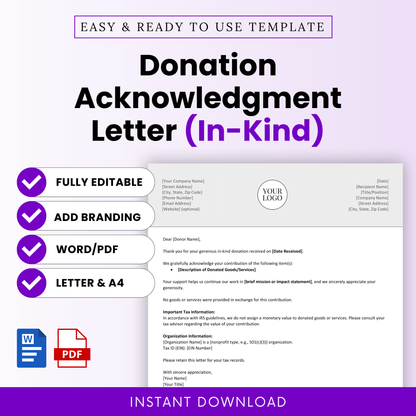 Simple Donation Acknowledgment Letter Template Word and Donation Acknowledgment Letter Template PDF displayed with a clean, modern layout. This editable business template is ideal for nonprofits and organizations to quickly create professional in-kind donation letters for donors and tax documentation.