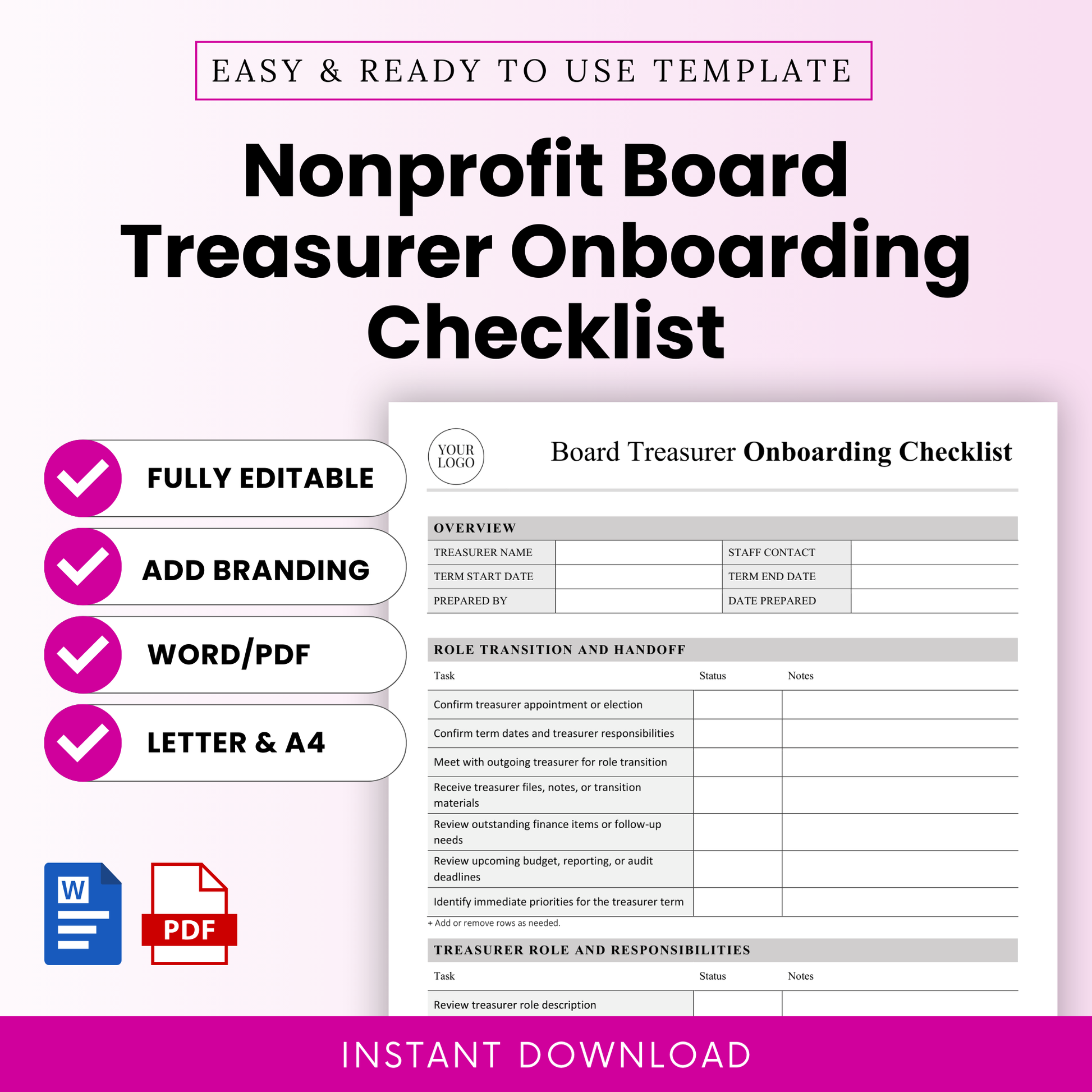 Editable nonprofit board treasurer onboarding checklist template shown in a clean pink and gray design, featuring Word and PDF icons, letter and A4 sizes, add branding option, and instant download digital planner for nonprofit leadership transition