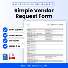Simple Vendor Request Form template preview showing a clean, professional layout with editable sections, ideal for small businesses managing vendor approvals and procurement workflows.