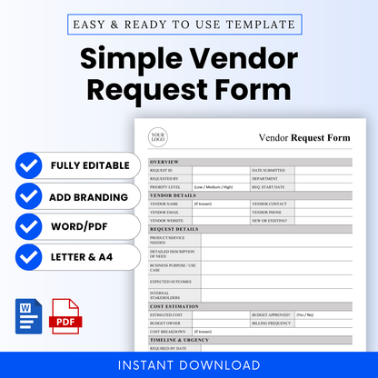 Simple Vendor Request Form template preview showing a clean, professional layout with editable sections, ideal for small businesses managing vendor approvals and procurement workflows.