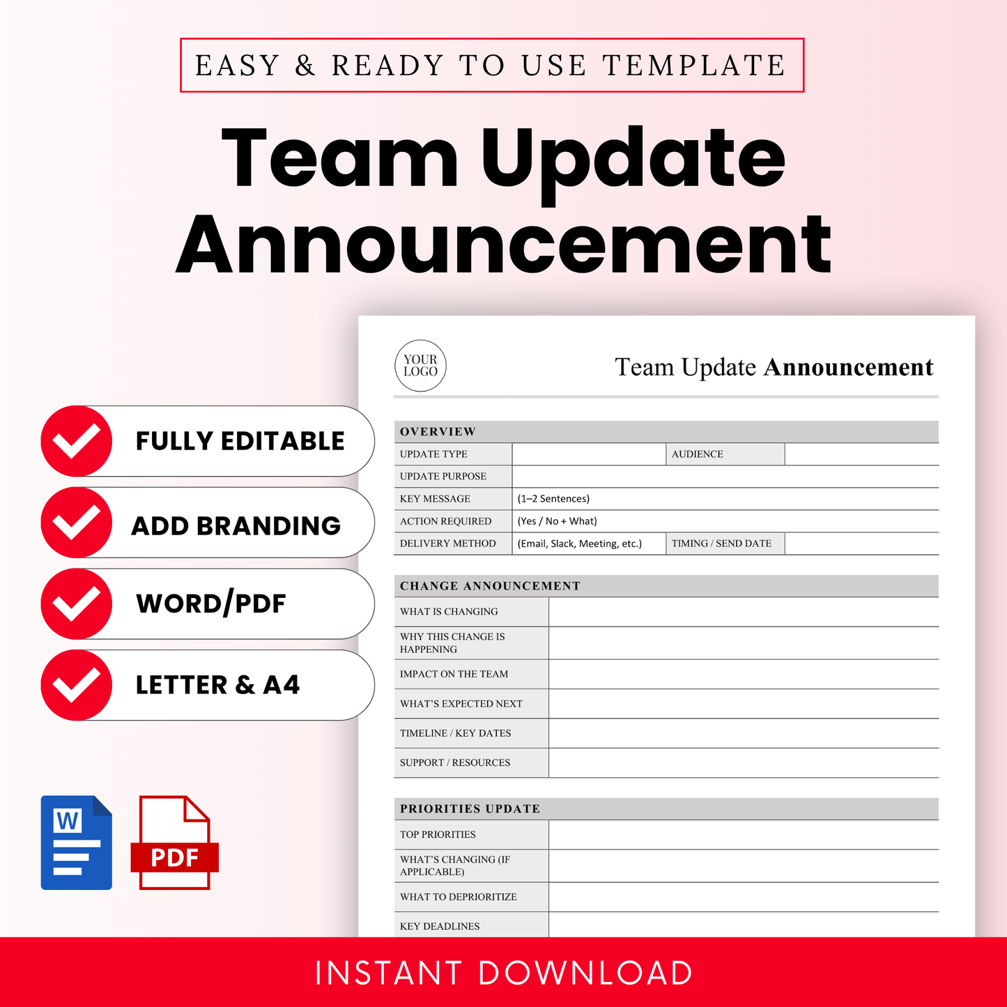Team Update Announcement template cover image with bold title text, clean minimalist layout, editable business document preview, Word and PDF format icons, feature highlights including Fully Editable, Add Branding, Letter and A4 Sizes, and Instant Download banner.