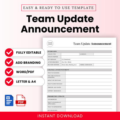 Team Update Announcement template cover image with bold title text, clean minimalist layout, editable business document preview, Word and PDF format icons, feature highlights including Fully Editable, Add Branding, Letter and A4 Sizes, and Instant Download banner.