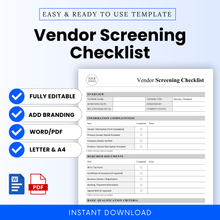 Vendor Screening Checklist Template Word and Vendor Screening Checklist Template PDF shown in a clean, professional layout. This simple Vendor Screening Checklist Template is fully editable and designed for businesses to streamline vendor onboarding, supplier evaluation, and compliance checks.