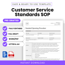 Main promotional image for the Customer Service Standards SOP template, showcasing it as a fully editable, pre-drafted document available in both Word and PDF formats for instant download.