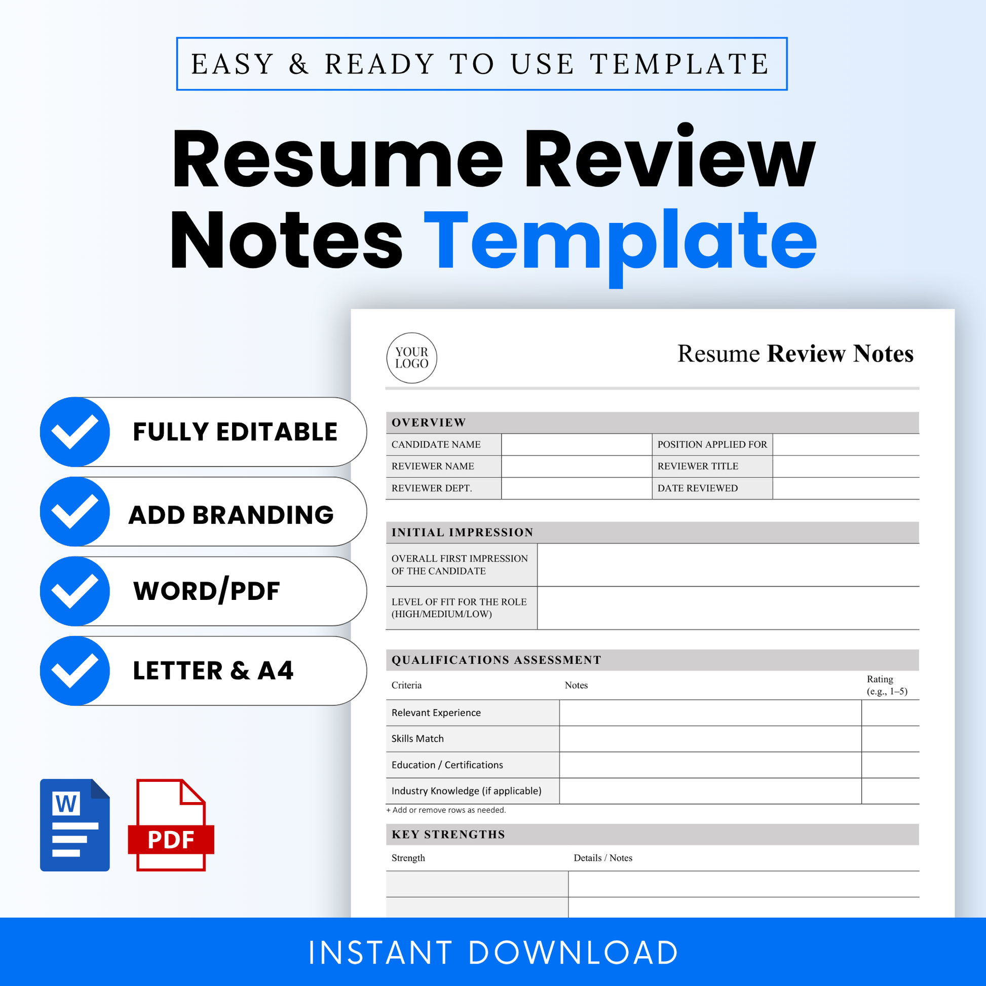 Simple resume review notes template with clean layout, HR hiring evaluation form, editable Word and printable PDF, candidate assessment worksheet, recruiter hiring tool, instant download