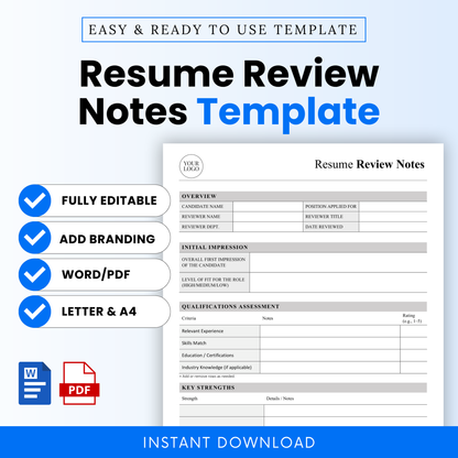 Simple resume review notes template with clean layout, HR hiring evaluation form, editable Word and printable PDF, candidate assessment worksheet, recruiter hiring tool, instant download