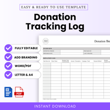 Simple Donation Tracking Log Template Word and Donation Tracking Log Template PDF shown in a clean, modern layout with key features highlighted. This editable nonprofit donation tracker is ideal for charities, small businesses, and fundraising teams to organize and manage donor contributions efficiently.