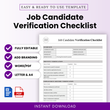 Job Candidate Verification Checklist Template Word and Job Candidate Verification Checklist Template PDF shown in a clean, professional layout with key features like fully editable, add branding, and printable formats. This simple Job Candidate Verification Checklist template is ideal for HR teams, recruiters, and small businesses managing hiring workflows.