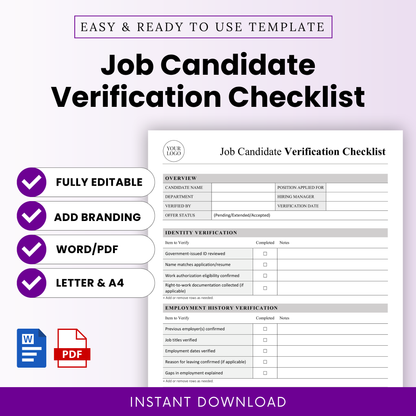 Job Candidate Verification Checklist Template Word and Job Candidate Verification Checklist Template PDF shown in a clean, professional layout with key features like fully editable, add branding, and printable formats. This simple Job Candidate Verification Checklist template is ideal for HR teams, recruiters, and small businesses managing hiring workflows.
