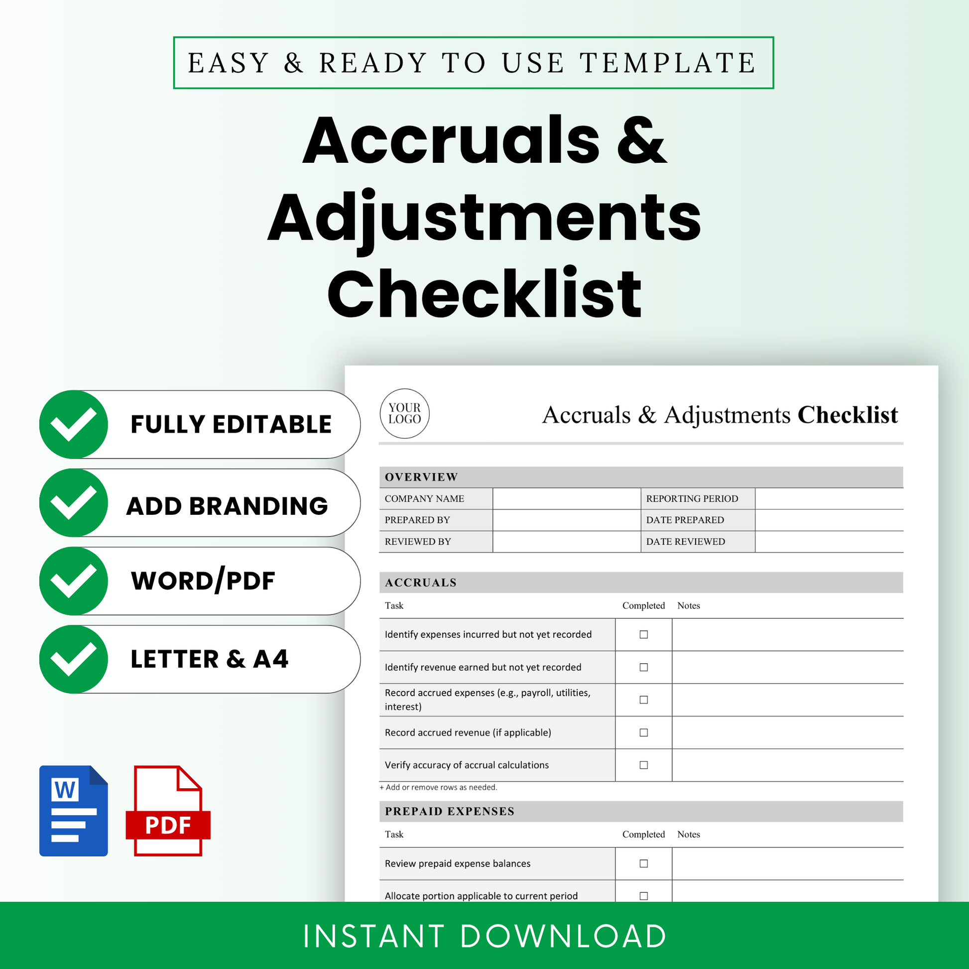 Accruals and adjustments checklist template preview with green accents, editable accounting checklist, Word and PDF formats, instant download financial document