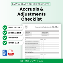 Accruals and adjustments checklist template preview with green accents, editable accounting checklist, Word and PDF formats, instant download financial document