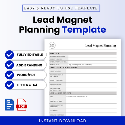 Lead Magnet Planning Template Word and Lead Magnet Planning Template PDF displayed in a clean, modern layout with editable sections preview. This simple Lead Magnet Planning Template is ideal for small business owners, marketers, and content creators looking for an editable, printable business template to plan high-converting lead magnets.