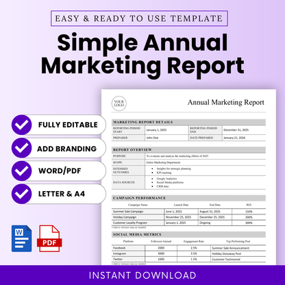 Simple Annual Marketing Report Template Word and Annual Marketing Report Template PDF displayed with a clean, professional layout. This editable and printable business template is ideal for marketers, small business owners, and teams to track campaigns, ROI, and performance in an organized format.