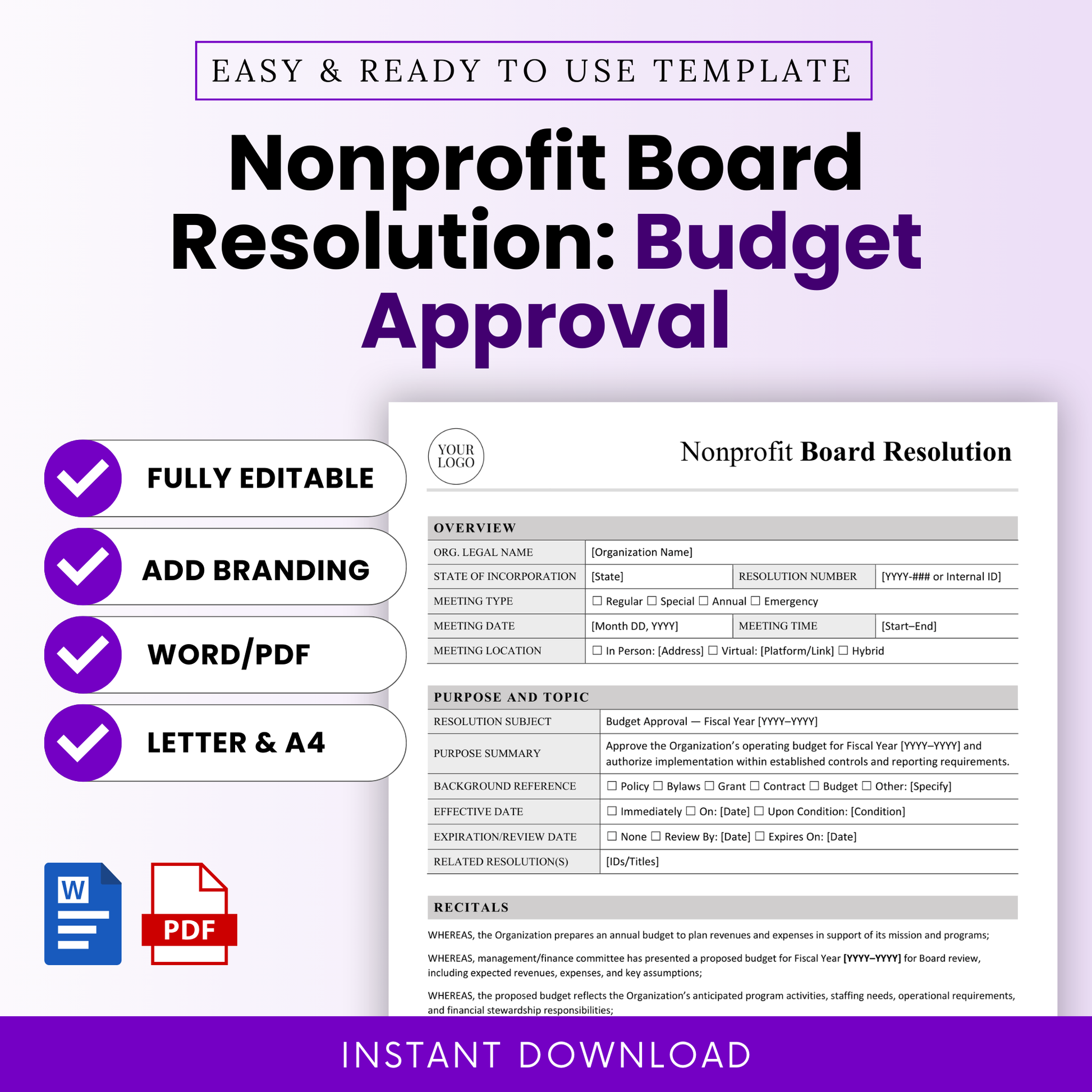 Nonprofit board resolution budget approval template editable Word and PDF document for annual operating budget approval with branding options and instant download