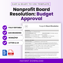 Nonprofit board resolution budget approval template editable Word and PDF document for annual operating budget approval with branding options and instant download