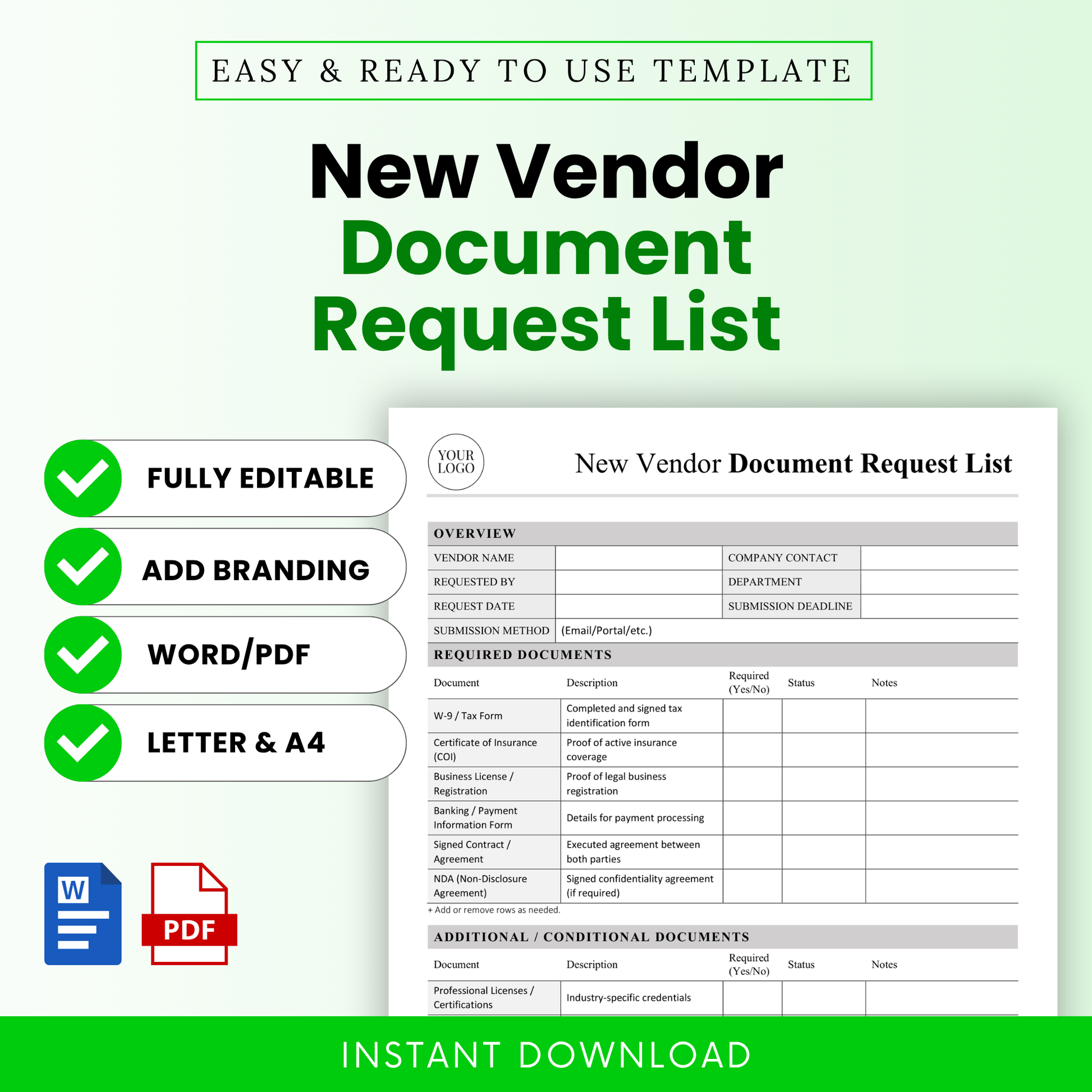 New Vendor Document Request List Template Word and New Vendor Document Request List Template PDF shown with a clean, modern layout and checklist preview. This simple vendor onboarding template is fully editable and printable, ideal for small business owners, procurement teams, and managers organizing supplier documents.