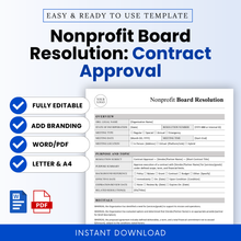 Nonprofit board resolution template for contract approval, editable Word and PDF document, clean professional layout with sections for meeting details, purpose, and authorization, instant download