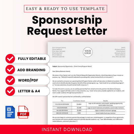 Editable sponsorship request letter template with clean layout, nonprofit fundraising document, business sponsorship proposal, Word and PDF instant download