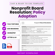 Nonprofit board resolution template for policy adoption, editable governance document, board meeting resolution form, nonprofit policy approval template, Word and PDF instant download, minimalist professional layout