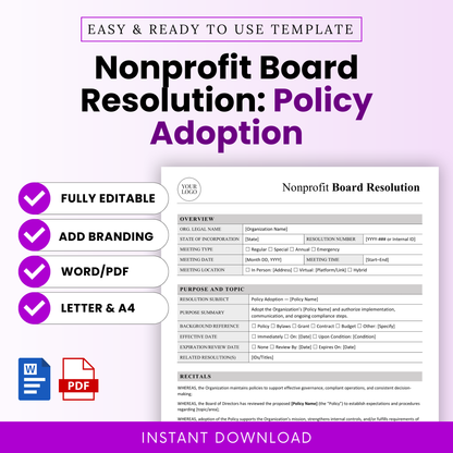 Nonprofit board resolution template for policy adoption, editable governance document, board meeting resolution form, nonprofit policy approval template, Word and PDF instant download, minimalist professional layout