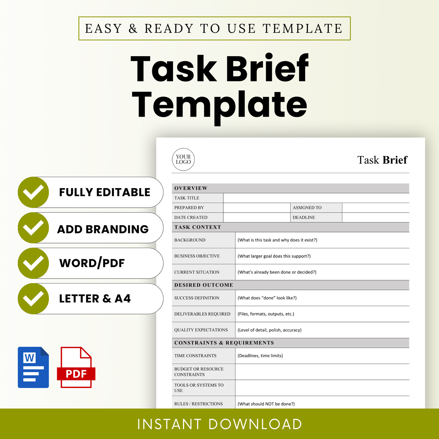 Task brief template listing image featuring editable project planning document, minimalist business worksheet preview, Word and PDF formats, US Letter and A4 sizes, clean professional layout for teams and freelancers