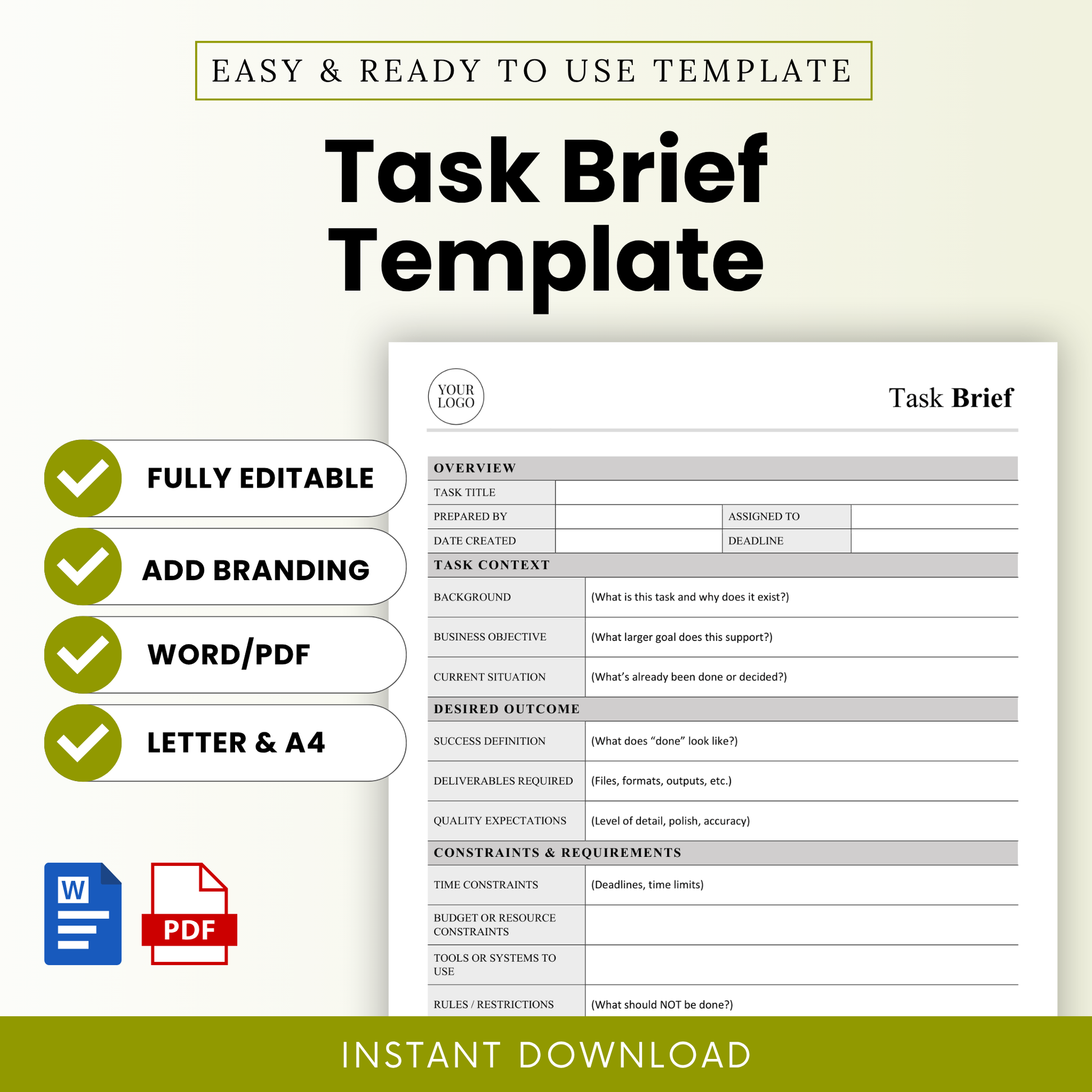 Task brief template listing image featuring editable project planning document, minimalist business worksheet preview, Word and PDF formats, US Letter and A4 sizes, clean professional layout for teams and freelancers