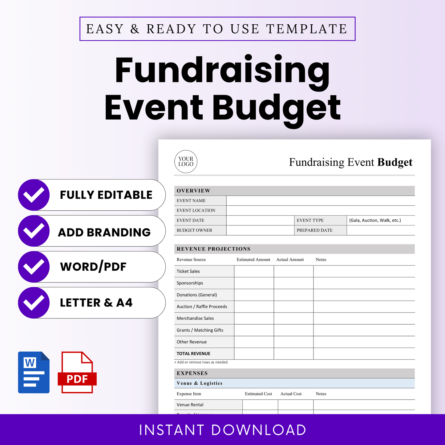 Fundraising Event Budget Template Word and Fundraising Event Budget Template PDF shown in a clean, modern layout with editable sections for revenue and expenses. This simple Fundraising Event Budget Template is perfect for nonprofits, event planners, and small businesses to organize finances and track event profitability.