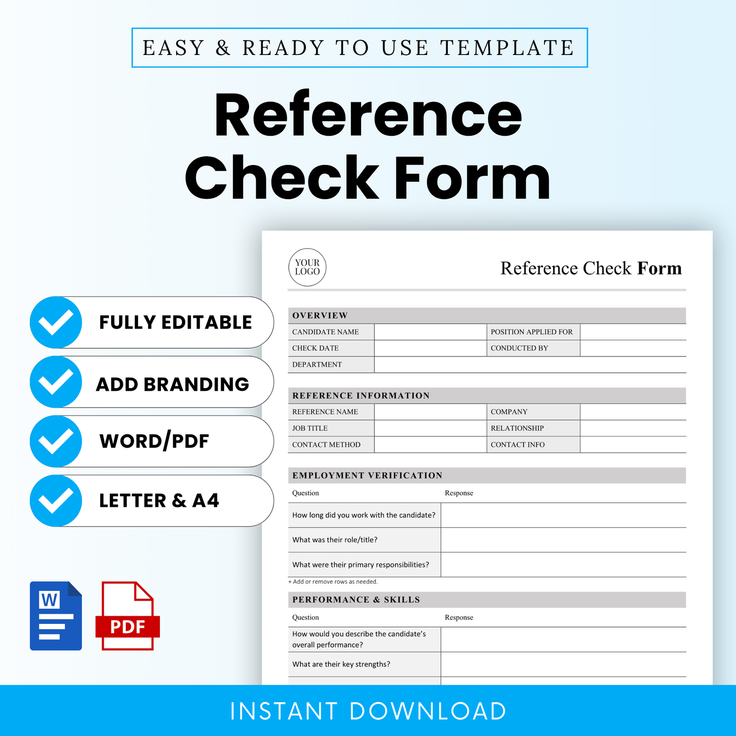 Reference check form template preview with clean minimalist HR layout, editable hiring form for candidate evaluation, professional recruitment document with Word and PDF format, instant download Etsy listing image