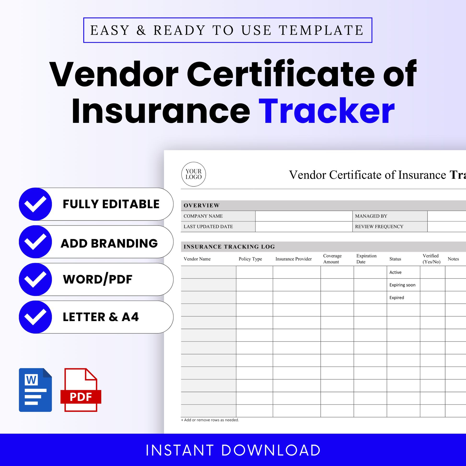 Simple Vendor Certificate of Insurance Tracker Template Word and Vendor Certificate of Insurance Tracker Template PDF shown with clean layout and editable sections. This professional business template is ideal for tracking vendor insurance, managing compliance, and organizing policy details for small businesses, contractors, and managers.