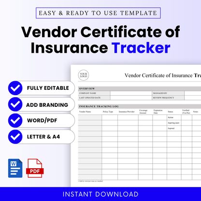 Simple Vendor Certificate of Insurance Tracker Template Word and Vendor Certificate of Insurance Tracker Template PDF shown with clean layout and editable sections. This professional business template is ideal for tracking vendor insurance, managing compliance, and organizing policy details for small businesses, contractors, and managers.