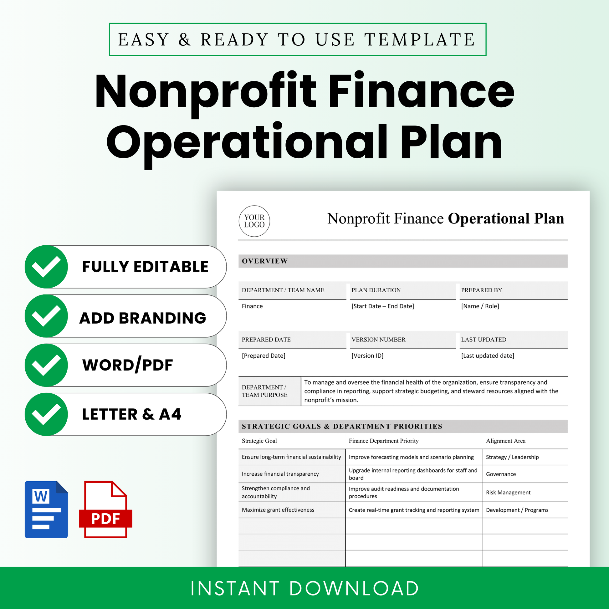 Nonprofit finance operational plan template with clean minimalist layout, editable Word and printable PDF, includes sections for goals, budgeting, compliance, and financial reporting