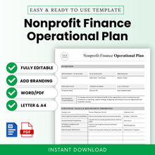 Nonprofit finance operational plan template with clean minimalist layout, editable Word and printable PDF, includes sections for goals, budgeting, compliance, and financial reporting