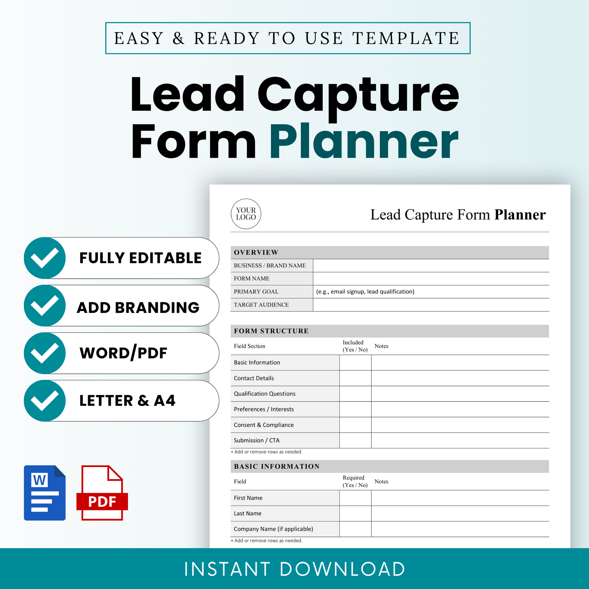 Lead Capture Form Planner Template Word and Lead Capture Form Planner Template PDF shown with a clean, minimalist layout preview. This editable business template is ideal for creating high-converting lead generation forms, perfect for small business owners, marketers, and service providers.