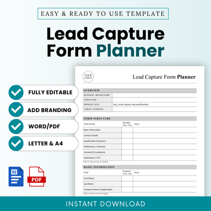 Lead Capture Form Planner Template Word and Lead Capture Form Planner Template PDF shown with a clean, minimalist layout preview. This editable business template is ideal for creating high-converting lead generation forms, perfect for small business owners, marketers, and service providers.