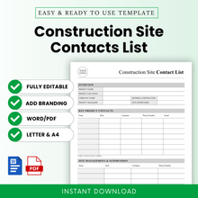 construction site contact list template mockup with clean minimalist layout, editable contractor contact sheet, project manager document, printable job site form, microsoft word and pdf format, green accents, instant download digital product