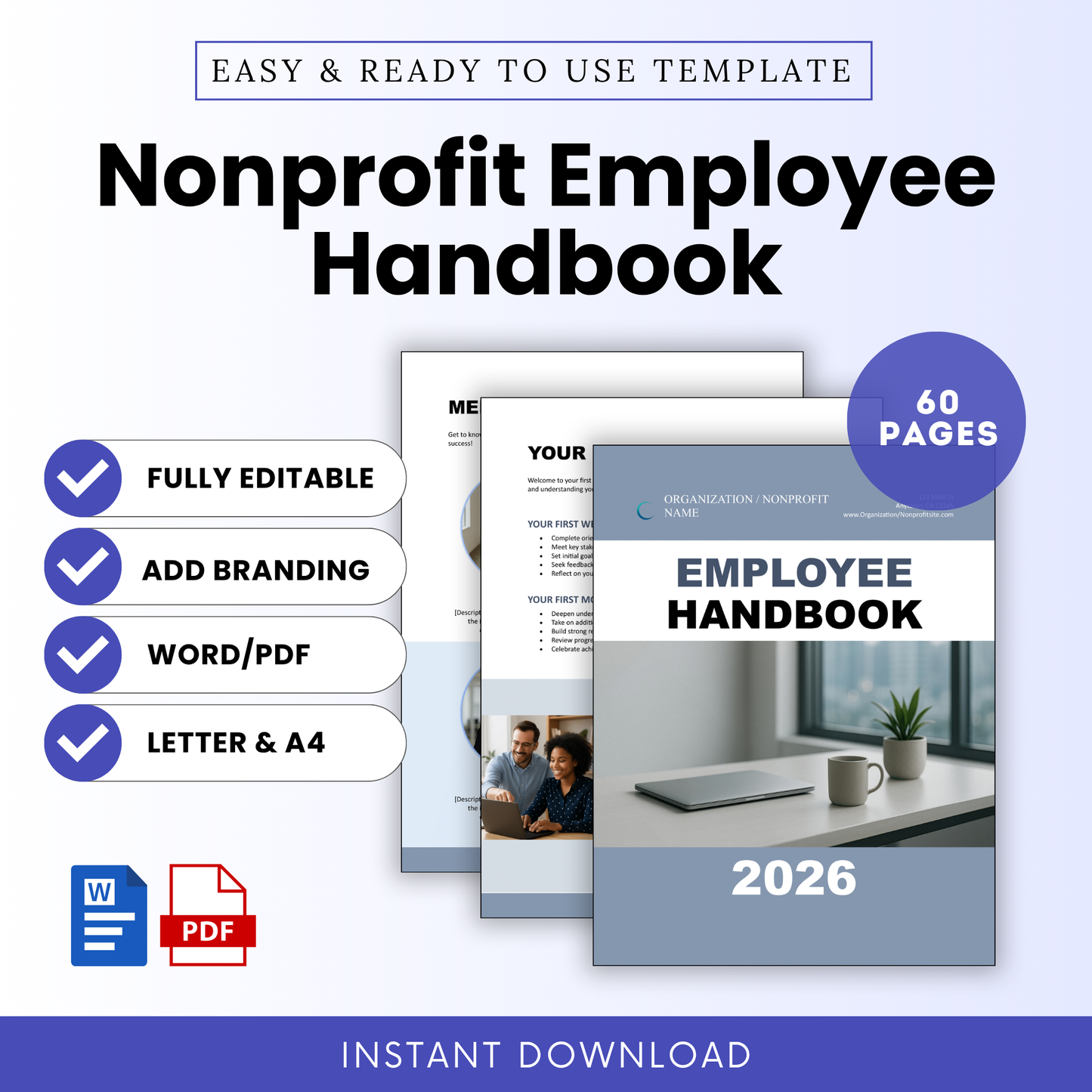 Modern nonprofit employee handbook template cover with a clean, professional layout, designed for easy editing in Word or PDF and perfect for onboarding new team members