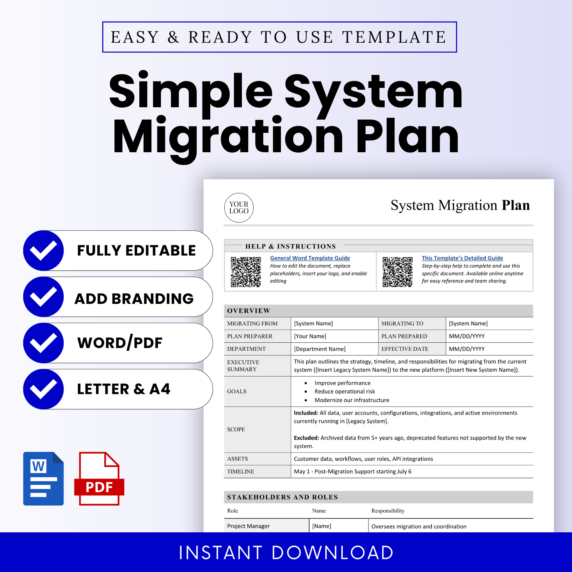 Clean and professional system migration plan template with a bold, easy-to-read layout. Fully editable in Word and available as a printable PDF—perfect for organizing IT transitions and business system upgrades.