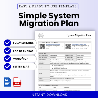 Clean and professional system migration plan template with a bold, easy-to-read layout. Fully editable in Word and available as a printable PDF—perfect for organizing IT transitions and business system upgrades.