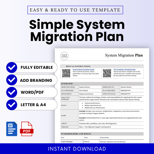 Clean and professional system migration plan template with a bold, easy-to-read layout. Fully editable in Word and available as a printable PDF—perfect for organizing IT transitions and business system upgrades.