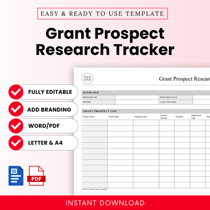 Grant Prospect Research Tracker Template Word and Grant Prospect Research Tracker Template PDF shown with a clean layout and checklist features. This simple Grant Prospect Research Tracker Template highlights editable, printable business template features for nonprofits, grant writers, and teams managing funding opportunities.