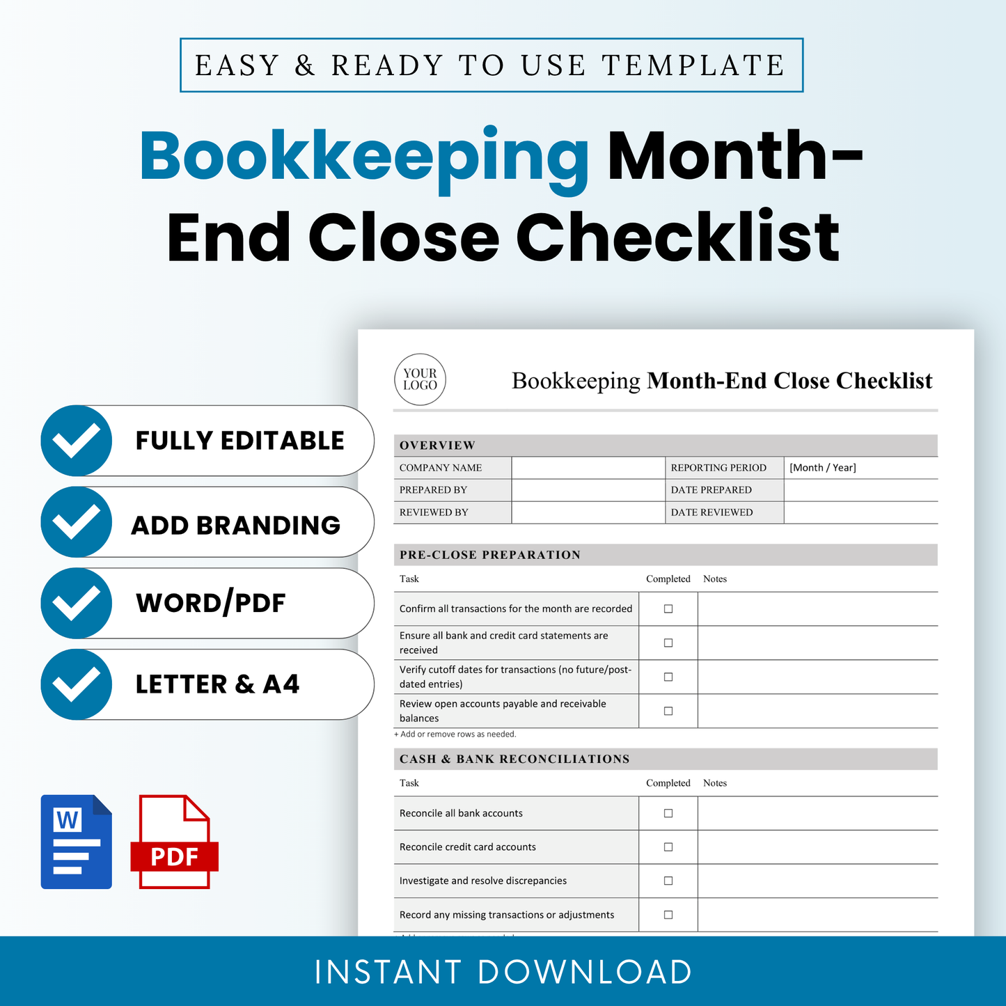 Bookkeeping month-end close checklist template cover with bold title, editable accounting checklist, Word and PDF formats, small business finance tool, instant download printable
