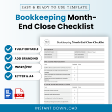 Bookkeeping month-end close checklist template cover with bold title, editable accounting checklist, Word and PDF formats, small business finance tool, instant download printable